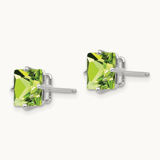 Princess Cut Peridot Earrings, 7mm, 14K White Gold