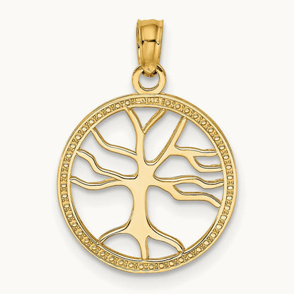 Small Tree of Life In Round Frame Charm — 14K Yellow Gold