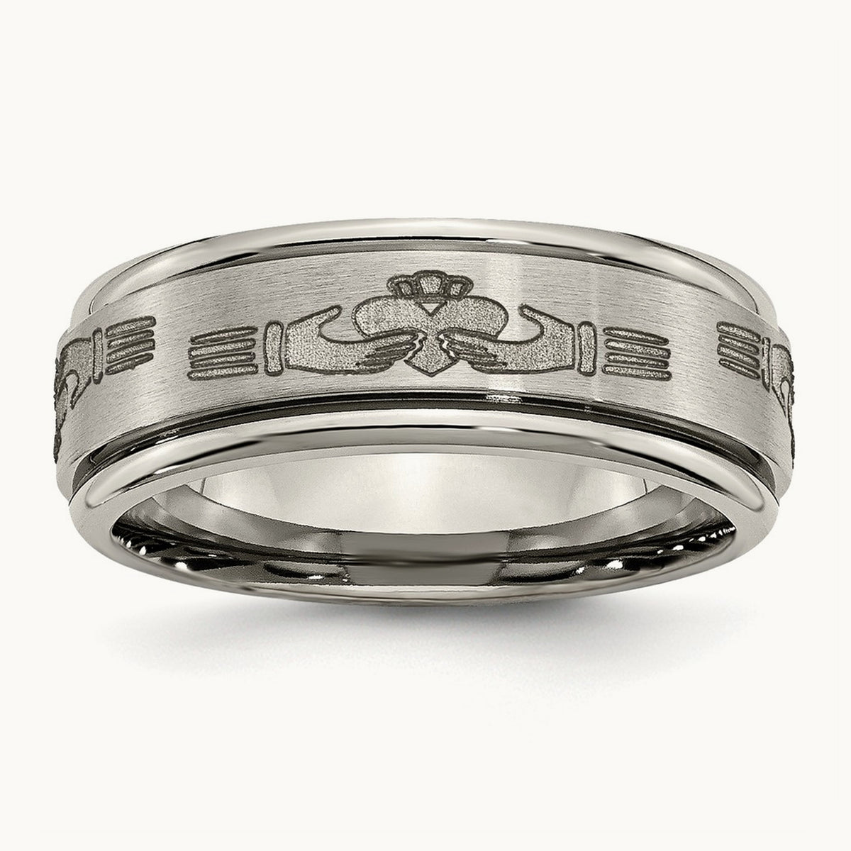 Brushed/Polished Claddagh Laser Design Ridged Edge Band, 8mm, Titanium