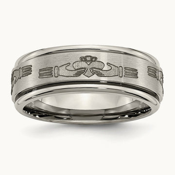 Brushed/Polished Claddagh Laser Design Ridged Edge Band, 8mm, Titanium