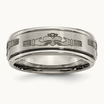 Brushed/Polished Claddagh Laser Design Ridged Edge Band, 8mm, Titanium
