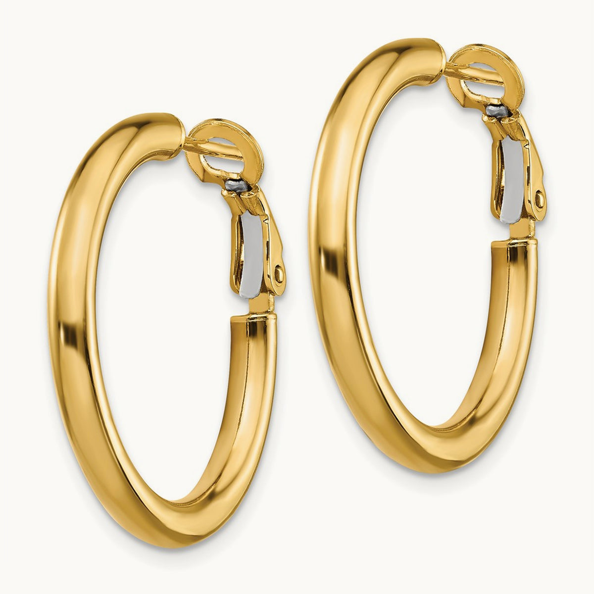Polished Round Omega Back Hoop Earrings — 14K Yellow Gold, 3x25mm