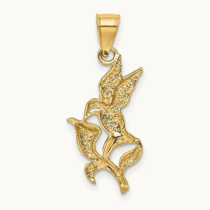 Polished Hummingbird w/Flower Pendant, 14K