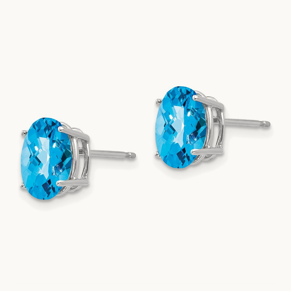 9x7mm Oval Blue Topaz Checker Earrings, 14K White Gold