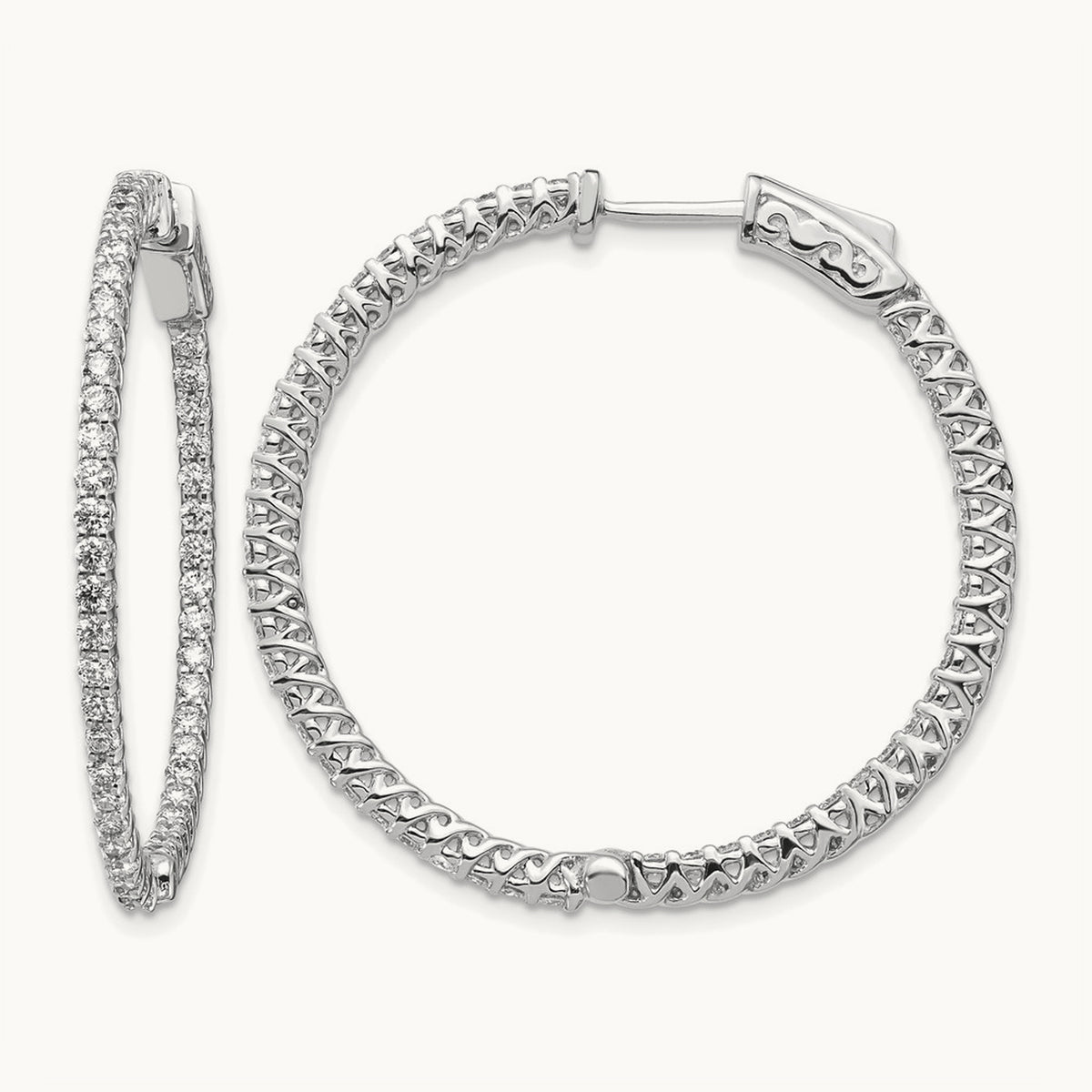 Diamond Round Hoop w/Safety Clasp Earrings, 14K White Gold