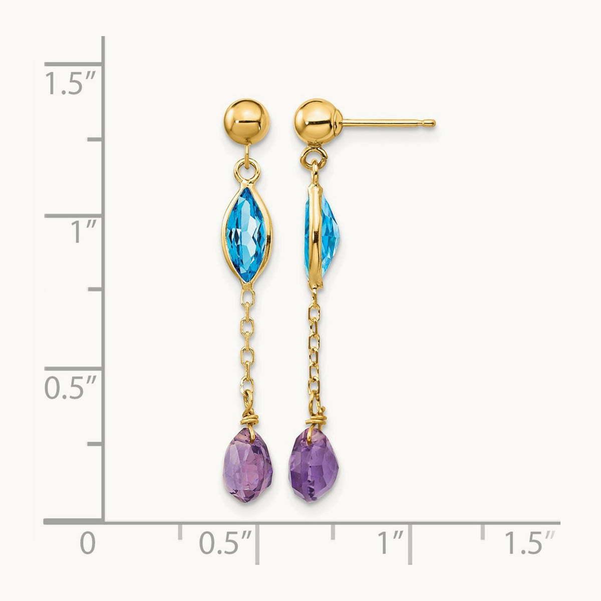 Amethyst and Blue Topaz Post Earrings, 14K