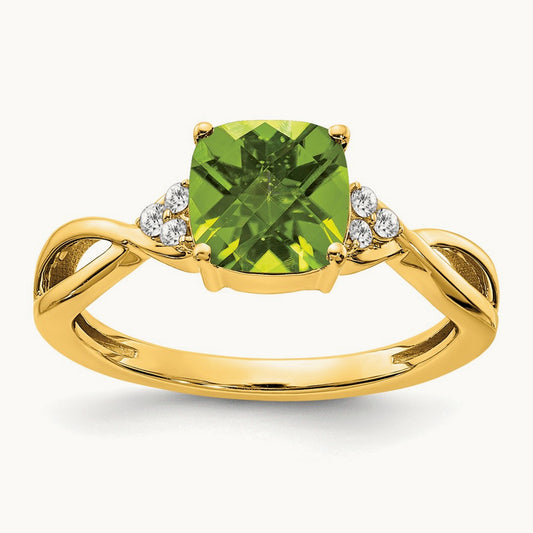 Checkerboard Peridot and Diamond Ring — 14K Yellow Gold, 7