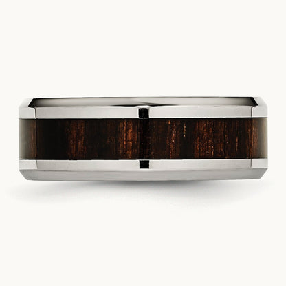 Polished Black Koa Wood Inlay Enameled Band, 8mm, Stainless Steel