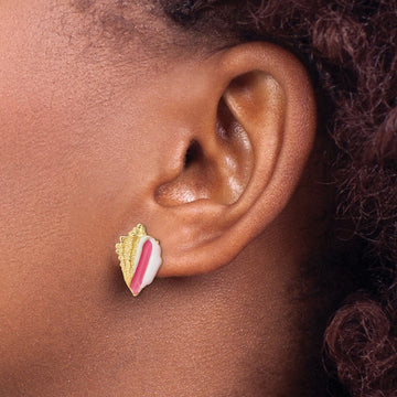 Conch Shell Post Earrings with Pink Enamel — 13.9mm