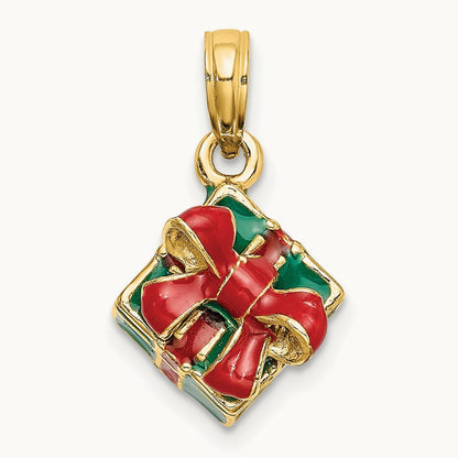 3-D w/Enamel Green Gift Box w/Red Bow Charm, 14K