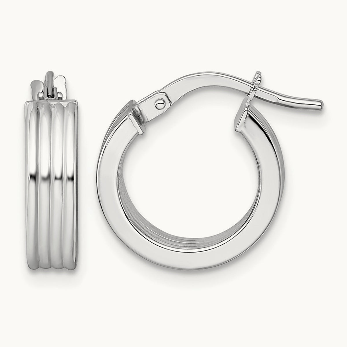 Polished Grooved Hoop Earrings — 14K White Gold, 15.5mm