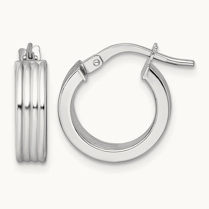 Polished Grooved Hoop Earrings — 14K White Gold, 15.5mm