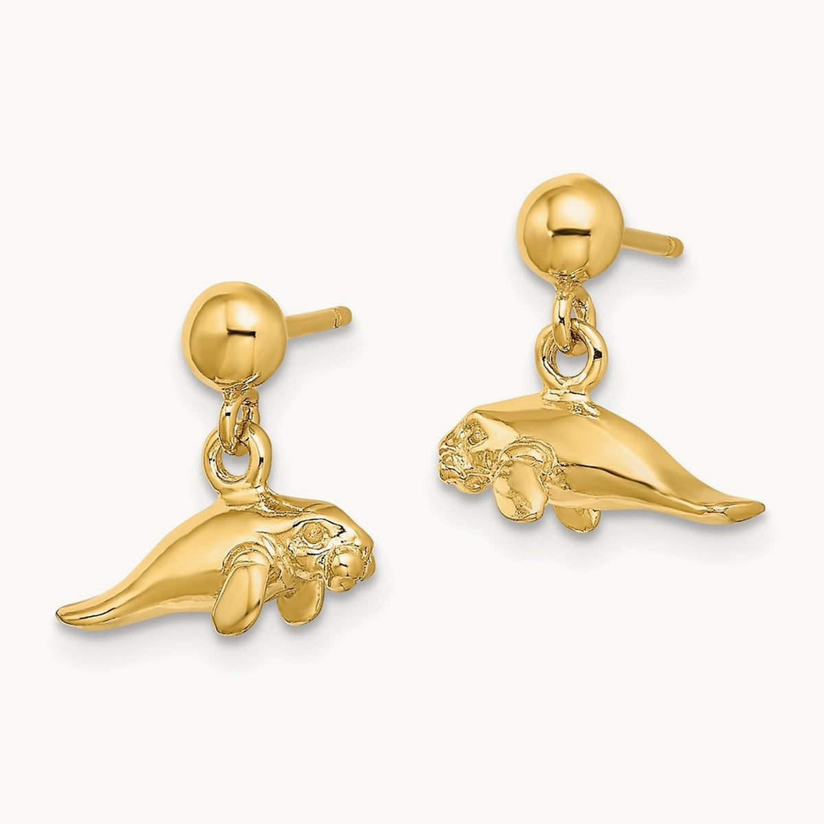 3-D Polished Mini Manatee Dangle Earrings — 14K Yellow Gold