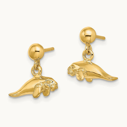 3-D Polished Mini Manatee Dangle Earrings — 14K Yellow Gold