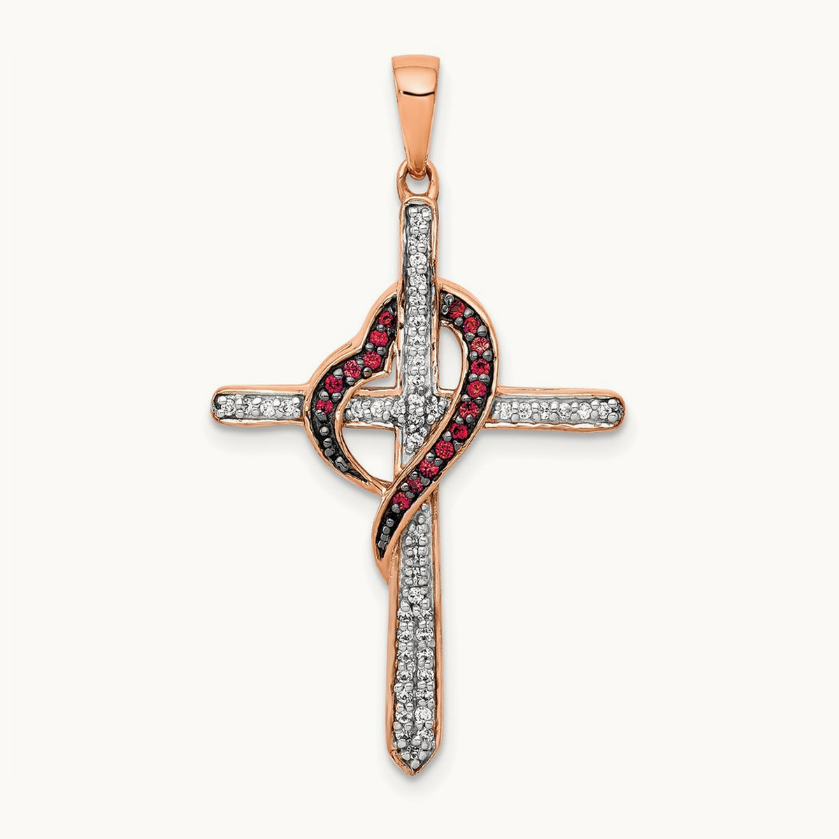 Red and White Diamond Cross w/Heart Pendant, 14K Rose Gold