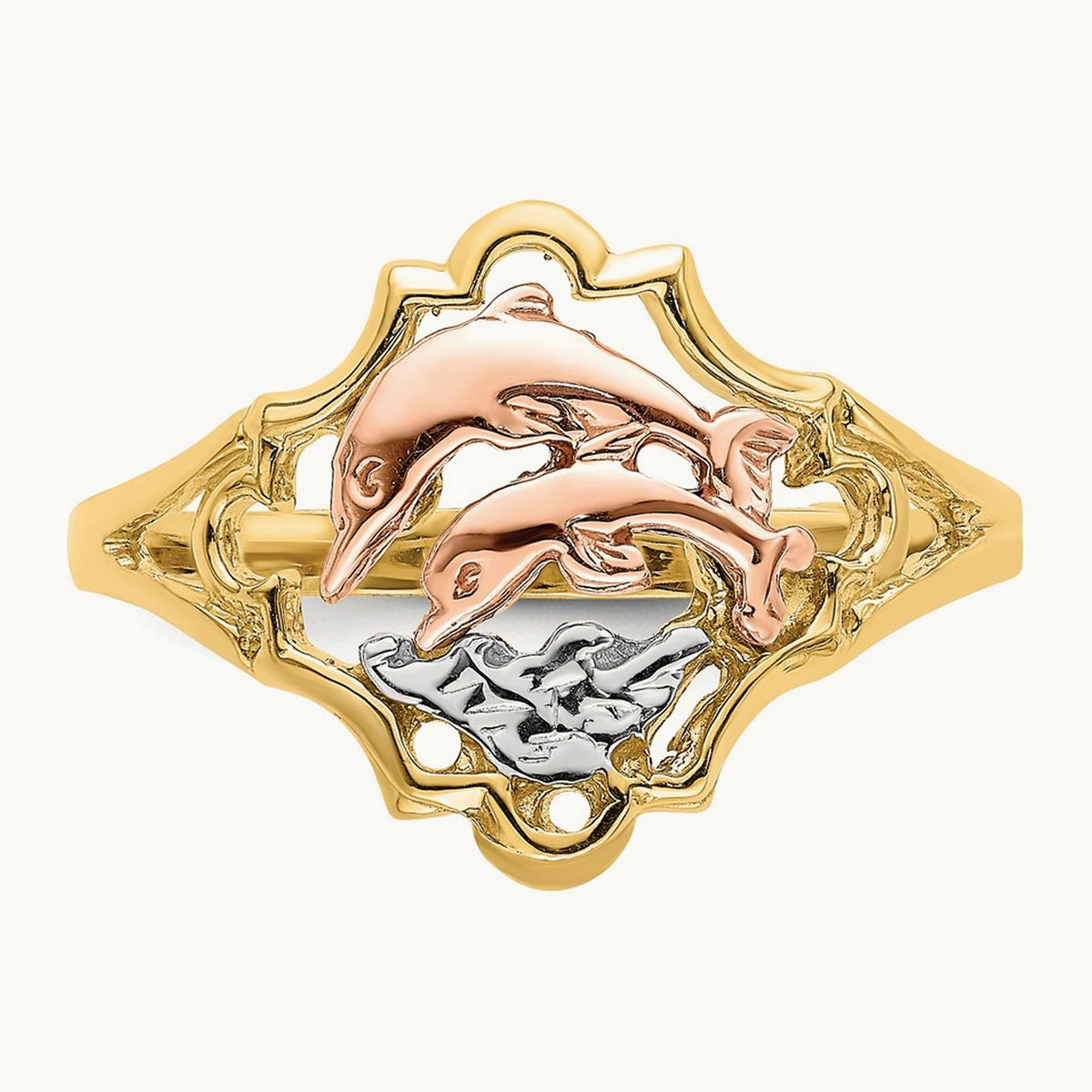 W/Rhodium Double Dolphin Ring, 14K Yellow with Rose Gold