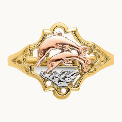 W/Rhodium Double Dolphin Ring, 14K Yellow with Rose Gold