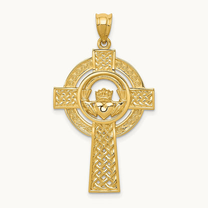 Celtic Claddagh Cross Pendant — 14K Yellow Gold
