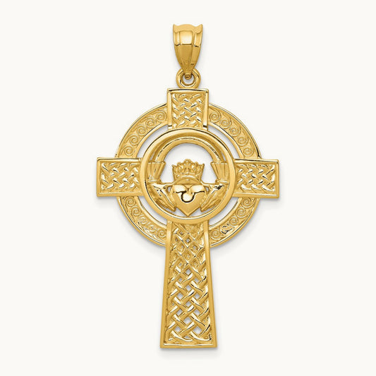 Celtic Claddagh Cross Pendant — 14K Yellow Gold