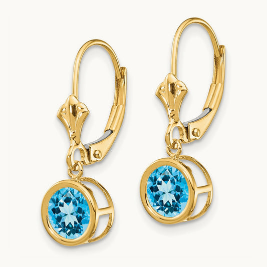 Blue Topaz Leverback Earrings, 6mm, 14K