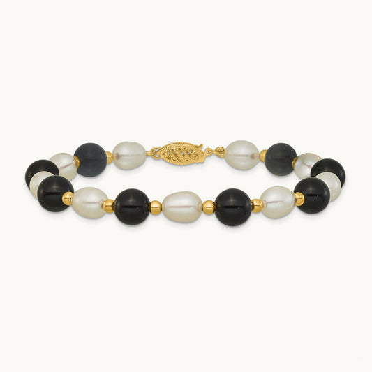 6- Rice White FWC Pearl and Onyx 8in Bracelet, 7mm, 14K