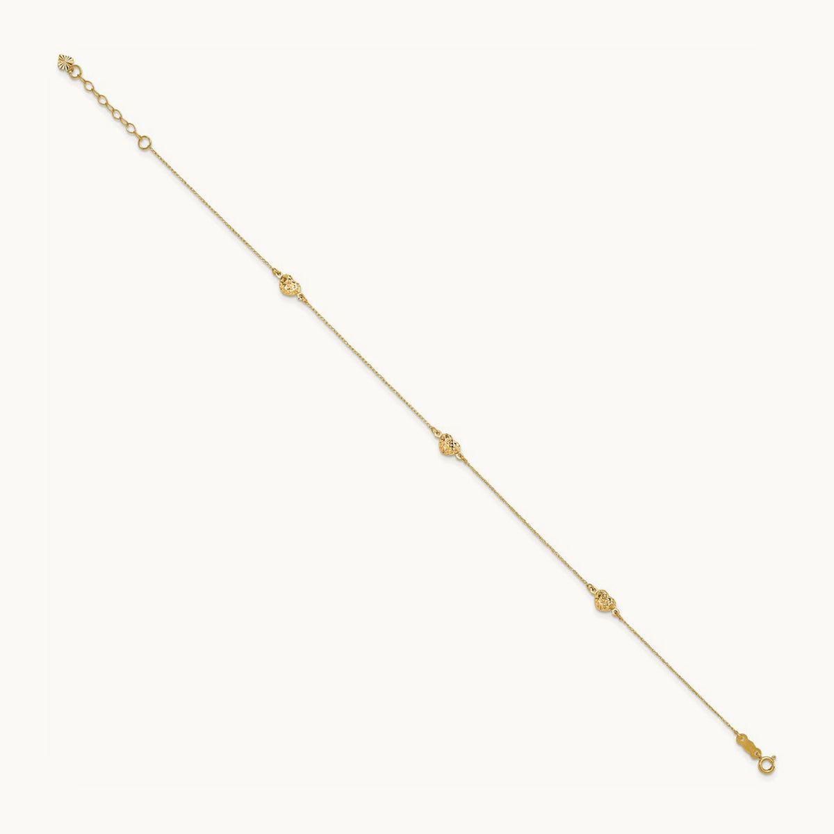 Puff Heart 9in Plus 1in ext. Anklet, 14K