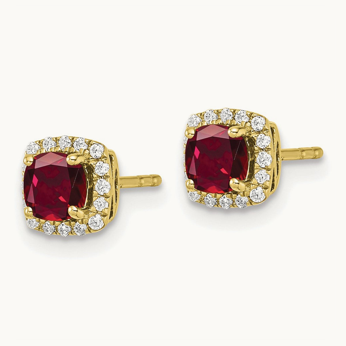 Created Ruby Square Halo Post Earrings, 0.10 ct tw Lab-Grown Diamond — 10K Yellow Gold