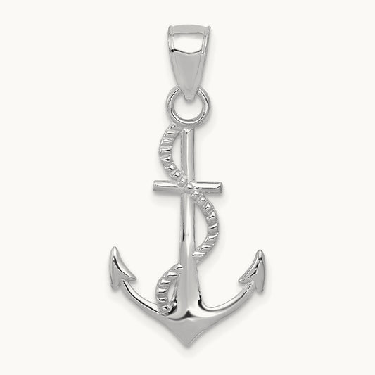 Polished Anchor W/Rope Pendant — 14K White Gold