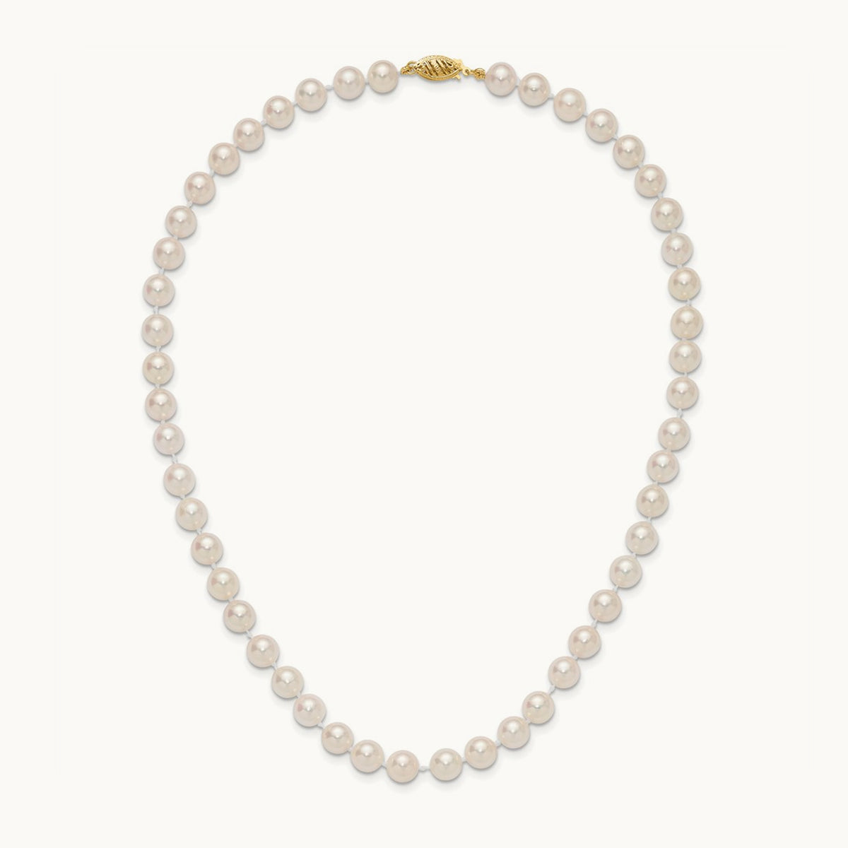 7- Round White Saltwater Akoya Cultured Pearl Necklace, 8mm, 14K