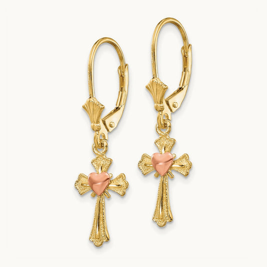 Heart on Cross Leverback Earrings, 14K Two-tone