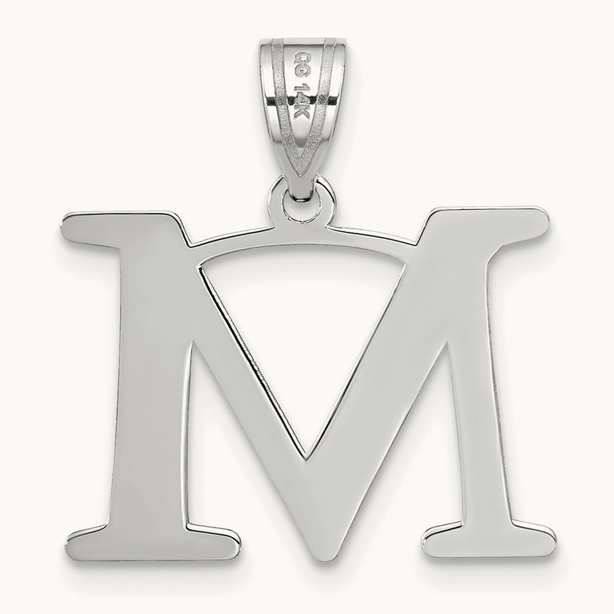 Polished Etched Letter M Initial Pendant, 14K White Gold