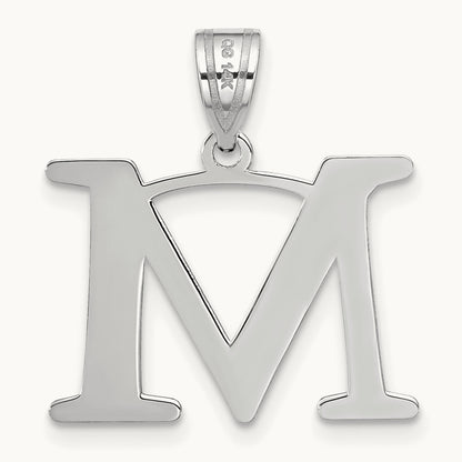 Polished Etched Letter M Initial Pendant, 14K White Gold