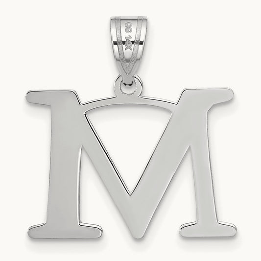Polished Etched Letter M Initial Pendant, 14K White Gold
