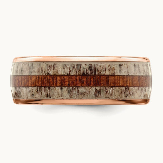 Polished Rose IP w/Wood and Antler Inlay Band, 8mm, Stainless Steel