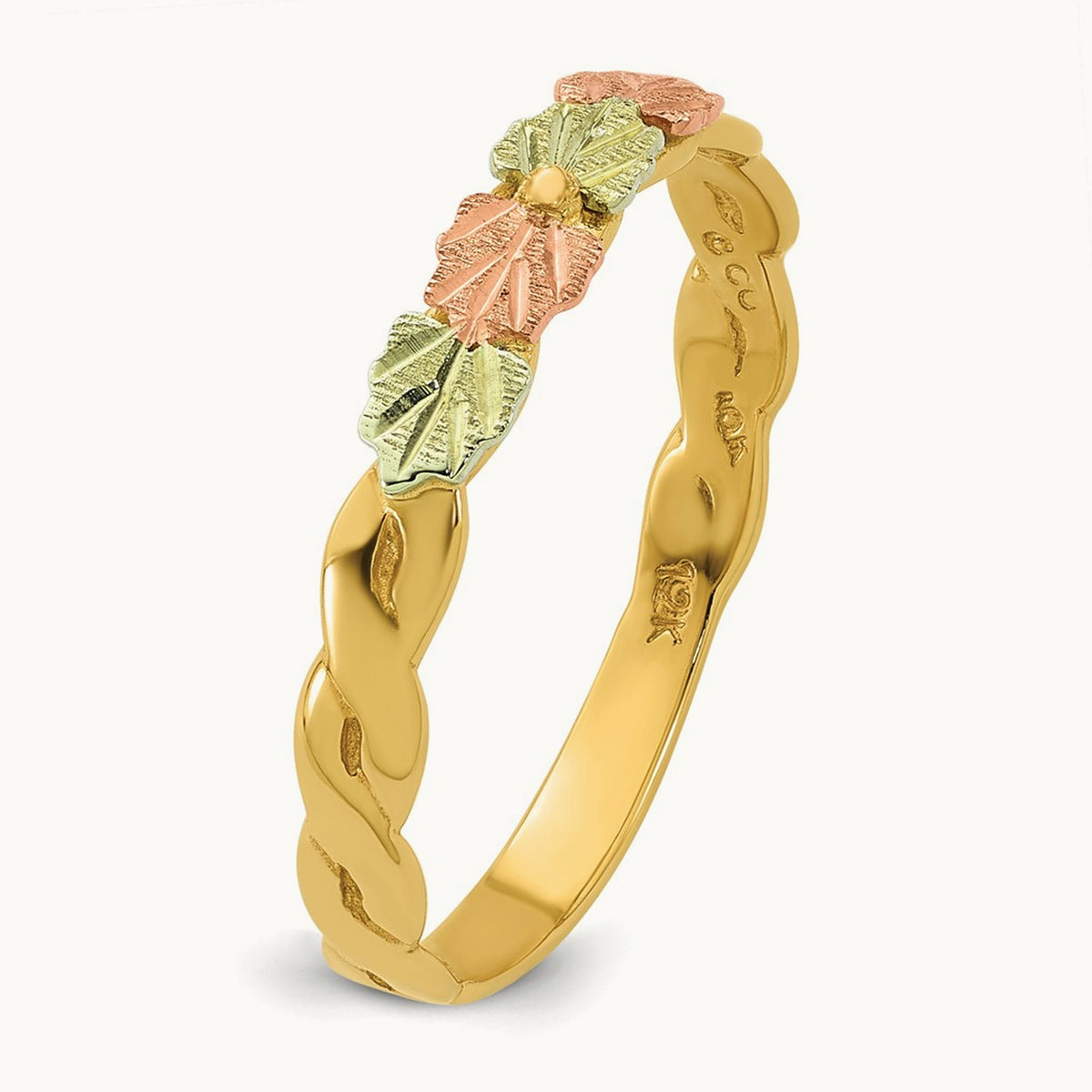 w/12k Accents Tri-color Black Hills Gold Diamond-cut Leaf Ring, 10K
