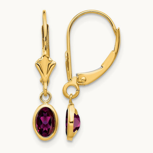 6x4 Oval Bezel June/Rhodolite Leverback Earrings — 14K Yellow Gold