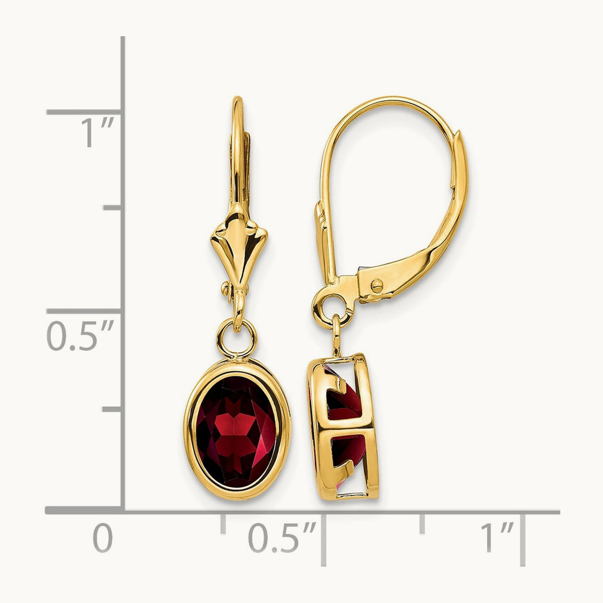 Oval Garnet Leverback Earrings — 14K Yellow Gold, 27mm, 8x6mm