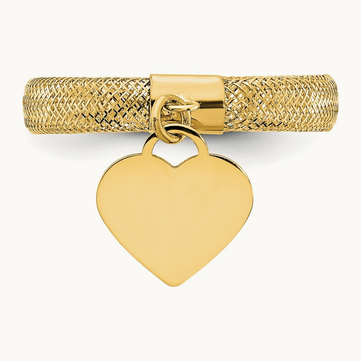 Woven Mesh Stretch Polished Heart Charm Ring, 14K Gold