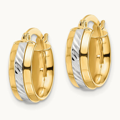 w/ White Rhodium Diamond-cut Hoop Earrings, 14K