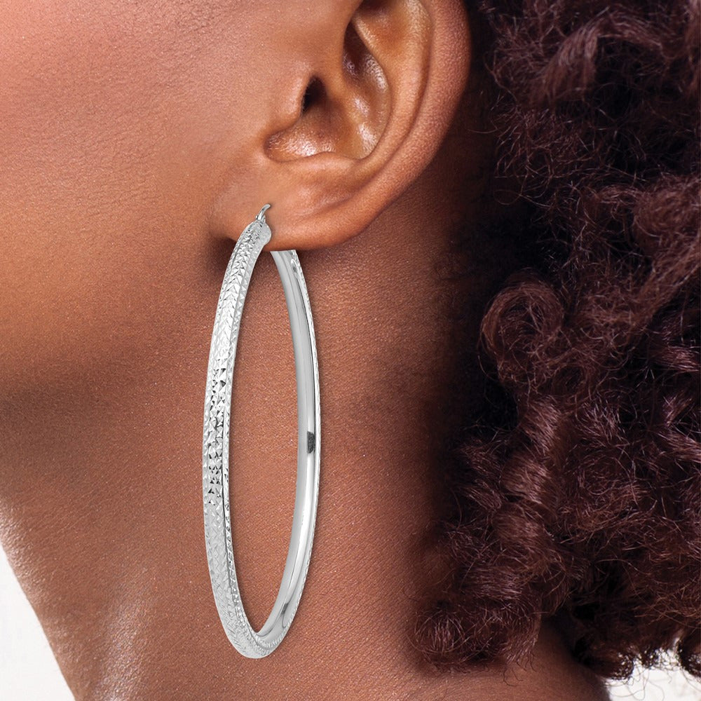 Diamond-cut Lightweight Tube Hoop Earrings — 14K White Gold, 4x70mm