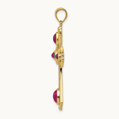 Ruby and Emerald Cabochon Cross Pendant, 14K