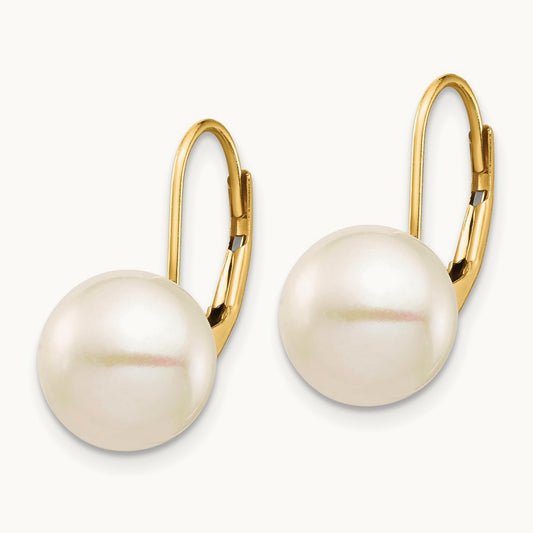 9- White Button Freshwater Cultured Pearl Leverback Earrings, 10mm, 14K