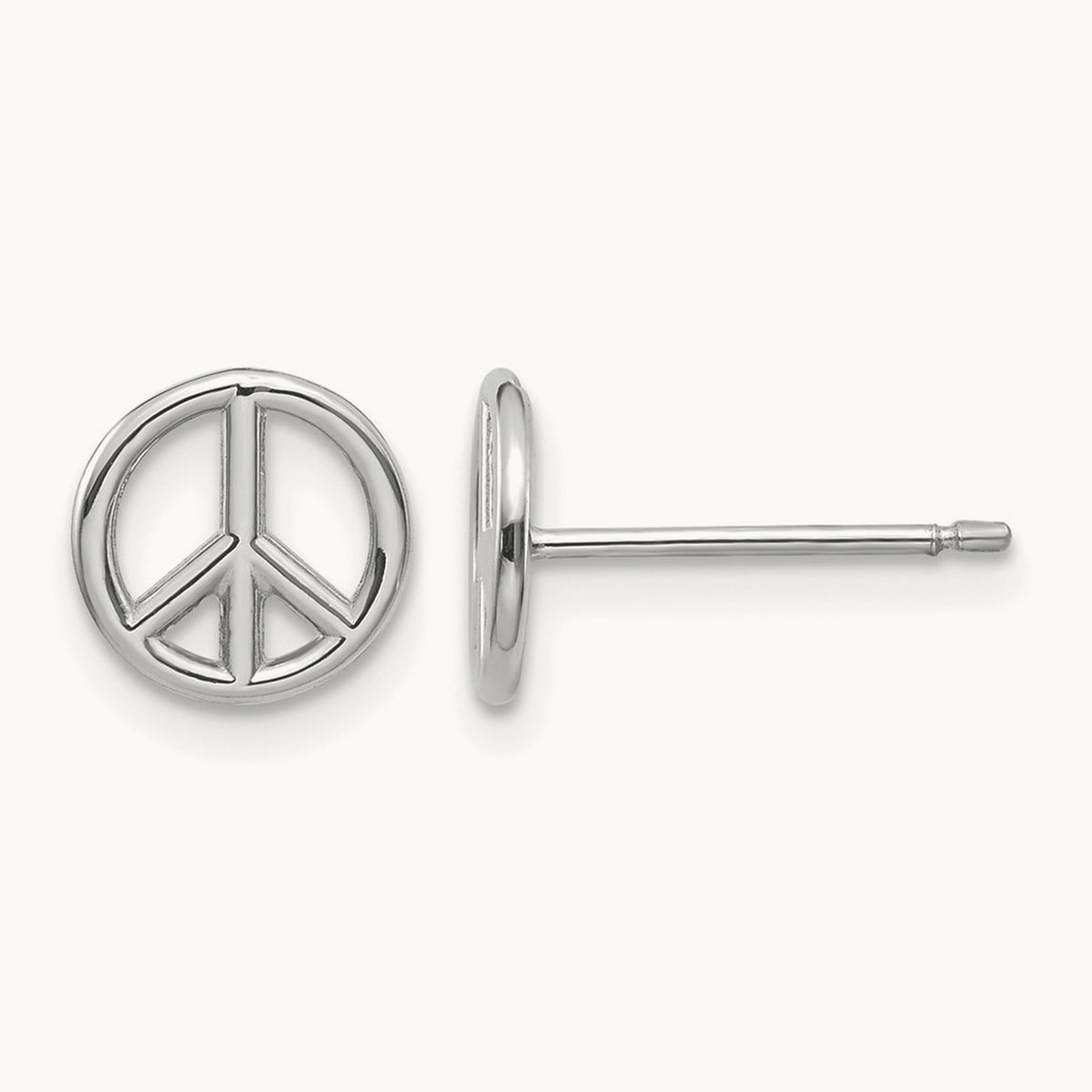 Polished Peace Symbol Post Earrings — 14K White Gold, 8mm