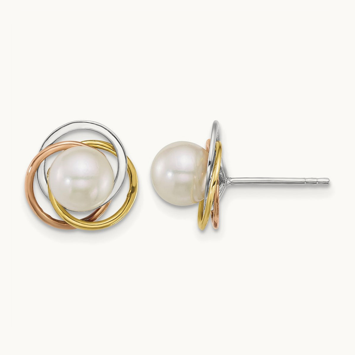 Tri-color 6- South Sea Saltwater Cultured Pearl Earrings, 7mm, 14K
