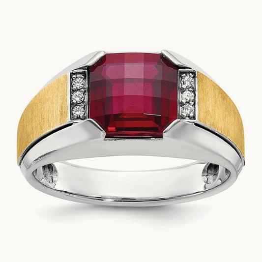 14ktt IBGoodman Men's Polished & Satin Lab Cr. Garnet & Dia Ring