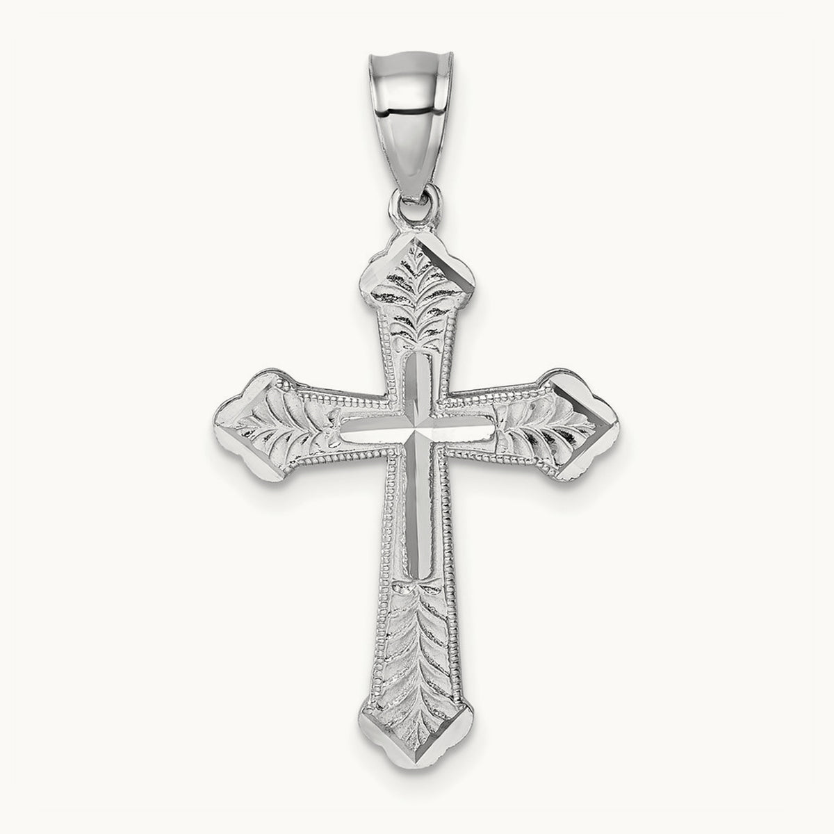 Polished Diamond-cut Textured Fancy Cross Pendant — 14K White Gold