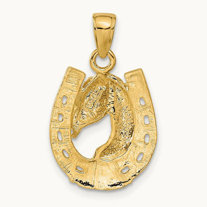 Solid Polished Horse Head in Horseshoe Pendant — 14K Yellow Gold