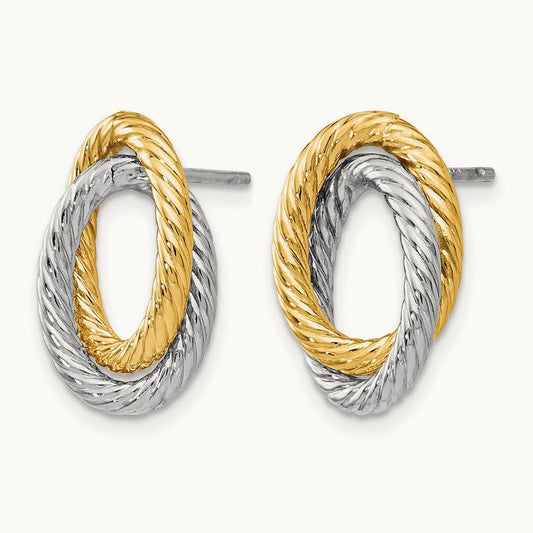 w/ White Rhodium Fancy Twisted Oval Post Earrings, 14K — Leslie's
