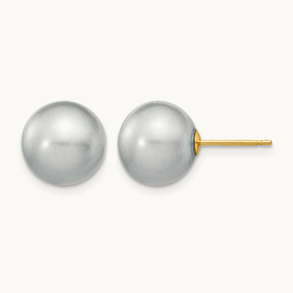 10- Grey Round Freshwater Cultured Pearl Stud Post Earrings, 11mm, 14K