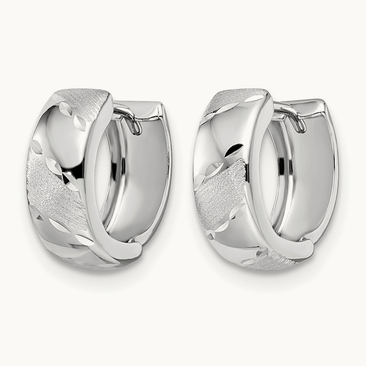 Polished and Satin Hinged Hoop Earrings — 14K White Gold